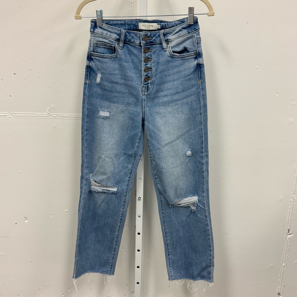 Hidden LA Button Fly‎ High Waisted Mom Jeans Distressed Raw Hem Light Wash W26